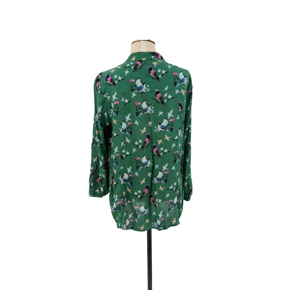 Anthropologie 20 of 52 Conversations Bird Print Tie Neck Blouse Green Size 12 - Picture 7 of 11